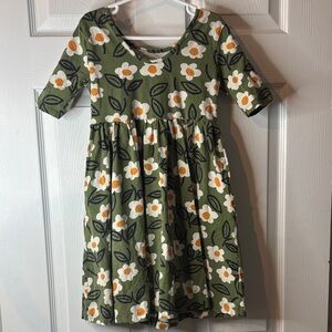 Hanna Andersson Olive Green Floral Knit Dress with White & Yellow Flowers